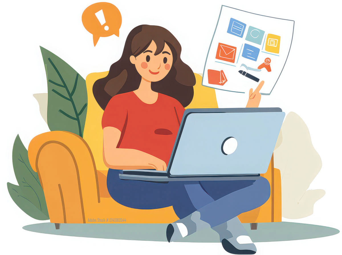 Grafik einer Dame am Laptop die Recherche betreibt